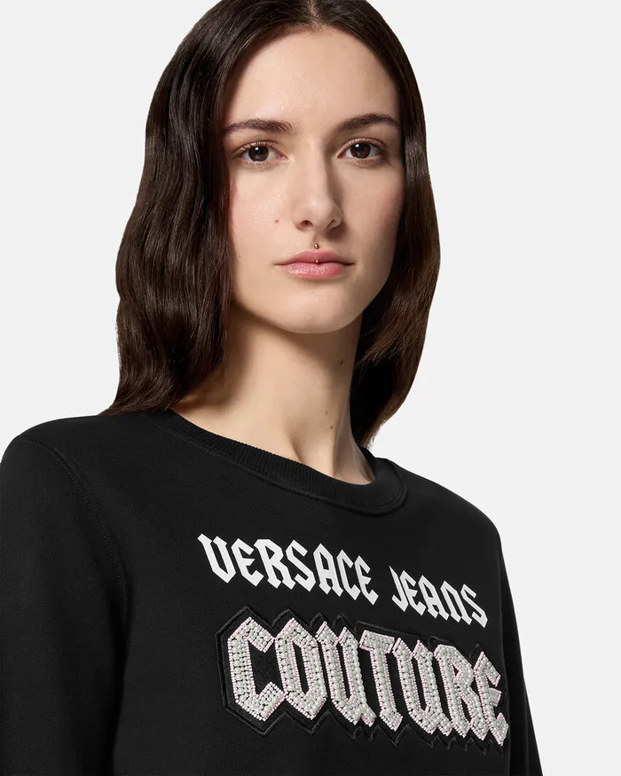 Versace Embellished Gothic Logo Sweatshirt Blackprint Women Jeans Couture