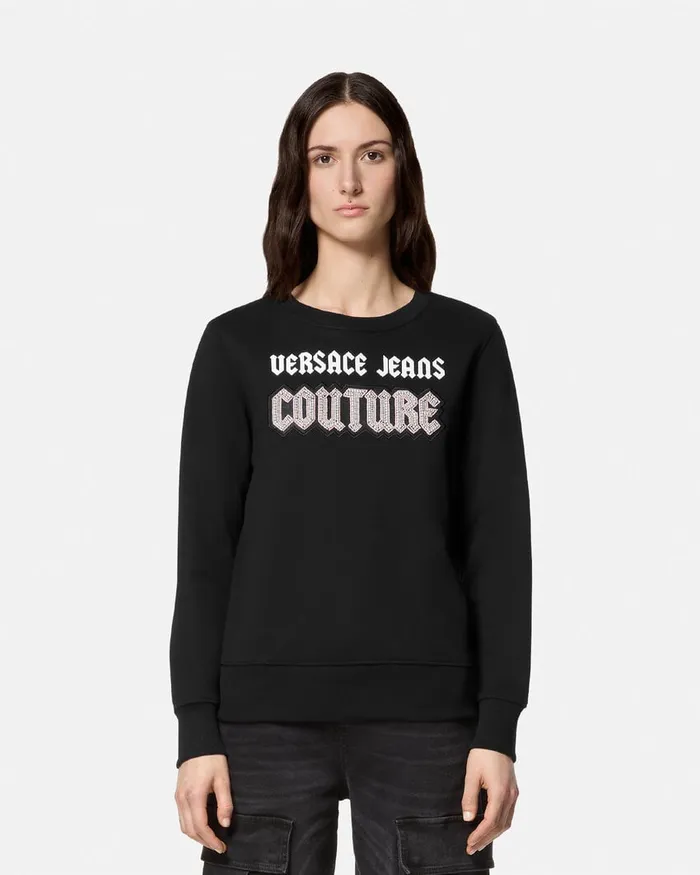 Versace Embellished Gothic Logo Sweatshirt Blackprint Women Jeans Couture