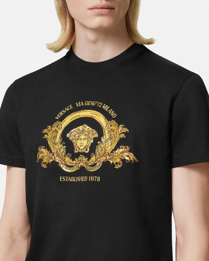 Versace Embroidered Coupe Blason TShirt Black Men TShirts and Polos