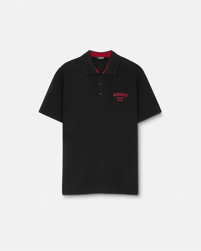Versace Embroidered Milano Stamp Polo Shirt Black Men TShirts and Polos