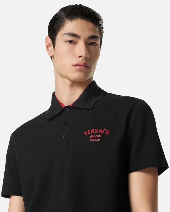 Versace Embroidered Milano Stamp Polo Shirt Black Men TShirts and Polos