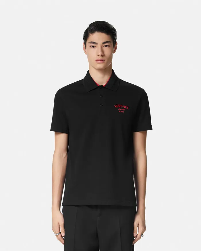 Versace Embroidered Milano Stamp Polo Shirt Black Men TShirts and Polos