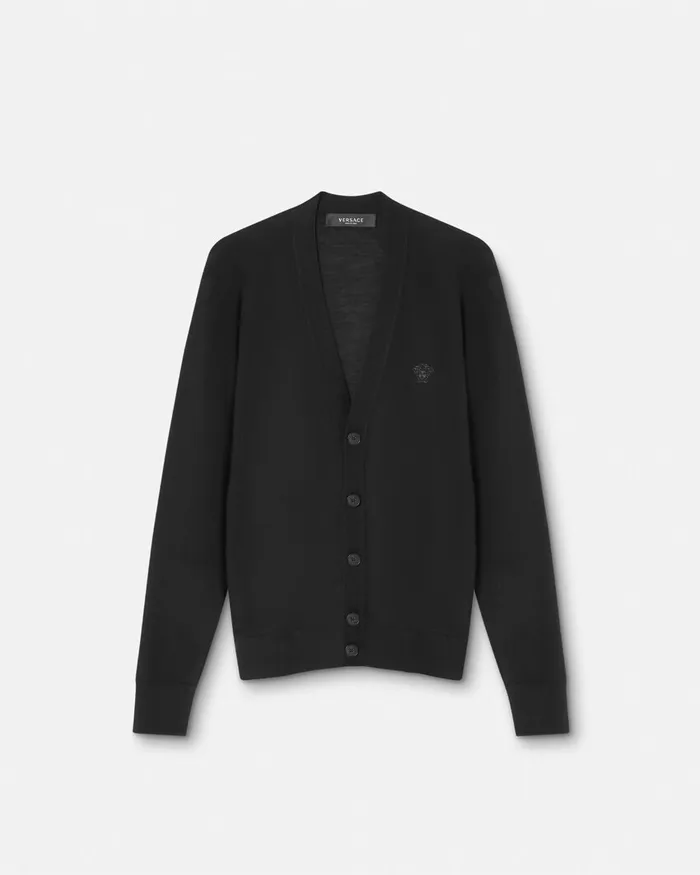 Versace Embroidered WoolBlend Cardigan Black Men Knitwear