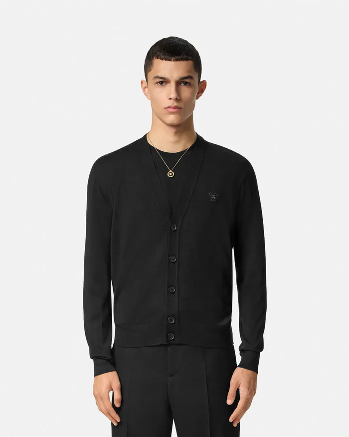 Versace Embroidered WoolBlend Cardigan Black Men Knitwear