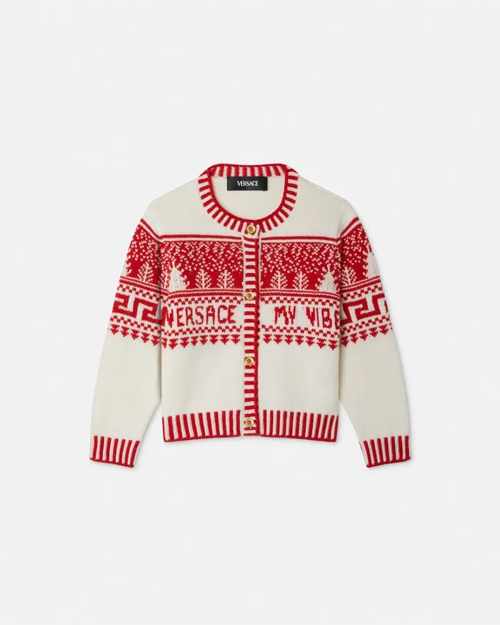 Versace Fair Isle Jacquard Knit Cardigan White Kids Knitwear and Sweatshirts