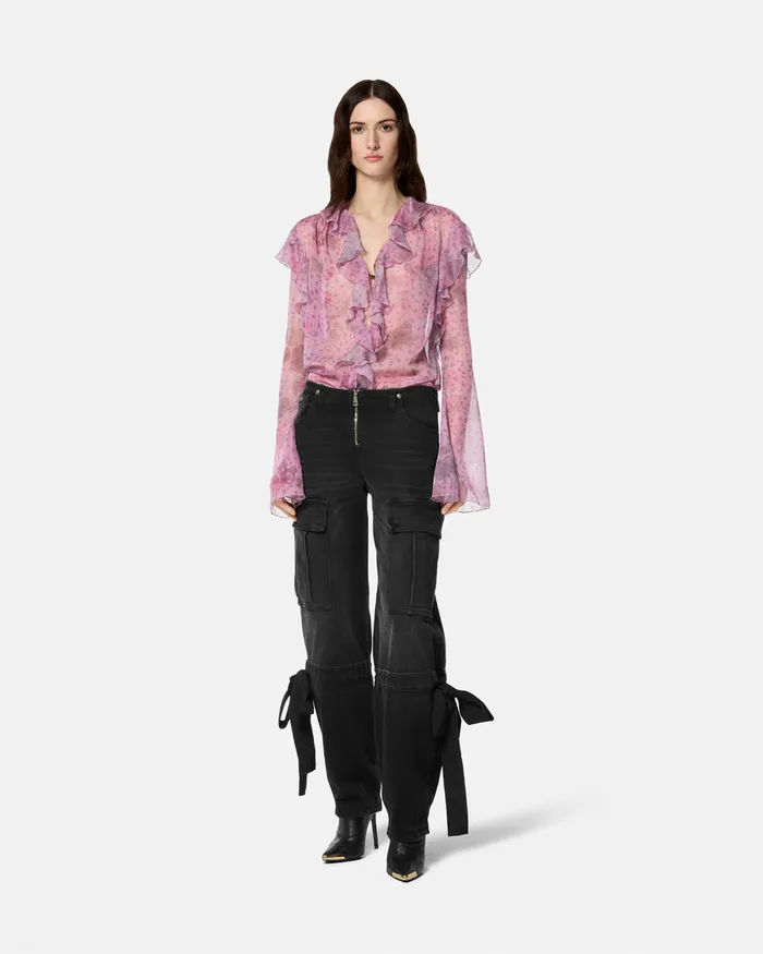 Versace Flowers Chiffon Top Pink Women Jeans Couture