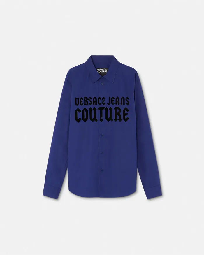 Versace Gothic Logo RegularFit Shirt Blue Men Jeans Couture