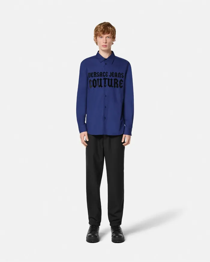 Versace Gothic Logo RegularFit Shirt Blue Men Jeans Couture