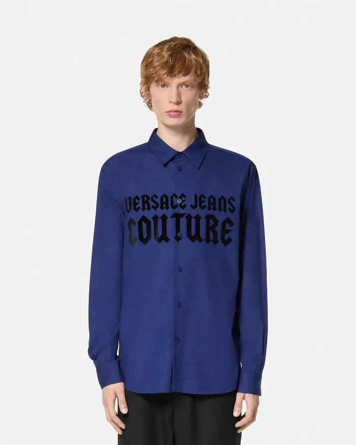 Versace Gothic Logo RegularFit Shirt Blue Men Jeans Couture