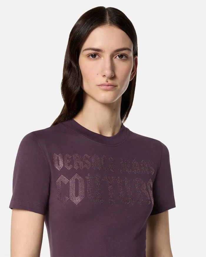 Versace Gothic Logo TShirt Dress Purple Women Jeans Couture