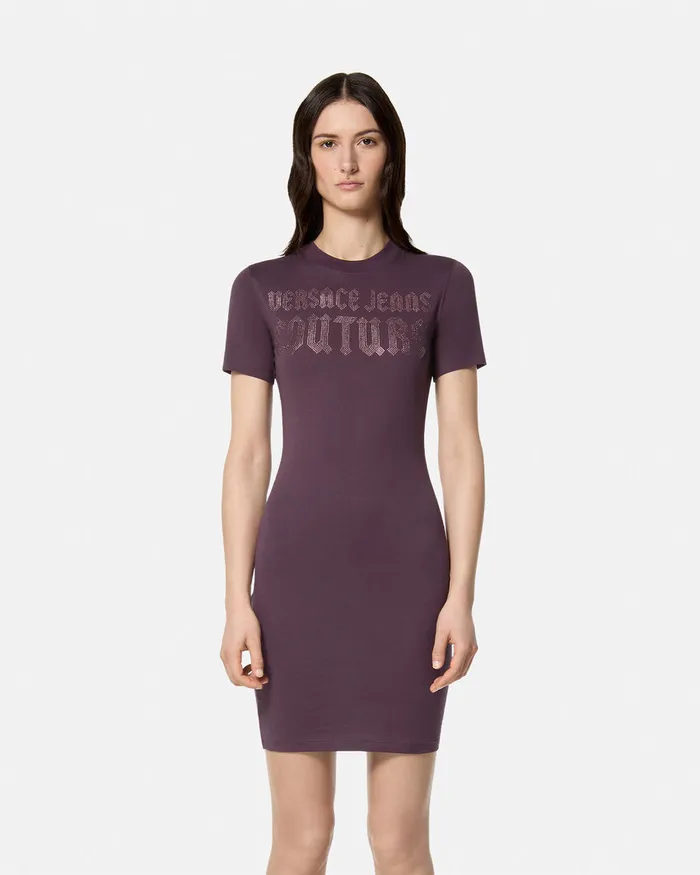 Versace Gothic Logo TShirt Dress Purple Women Jeans Couture