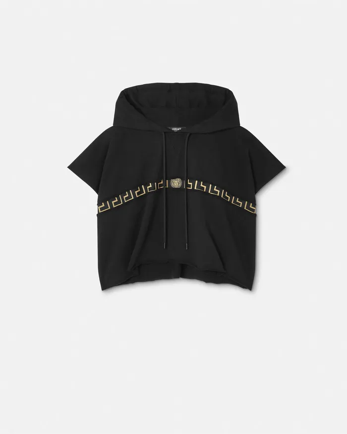 Versace Greca Border Gym Crop Hoodie Black Women Activewear