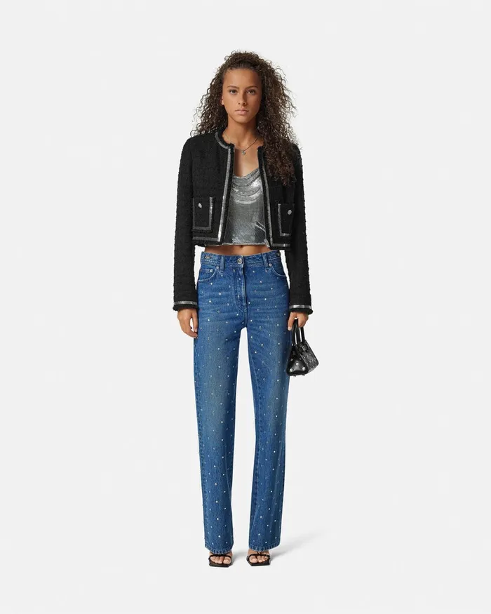 Versace Heritage Tweed Cardigan Jacket Black Women Blazer and Jackets