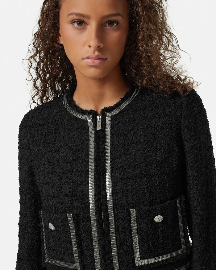 Versace Heritage Tweed Cardigan Jacket Black Women Blazer and Jackets