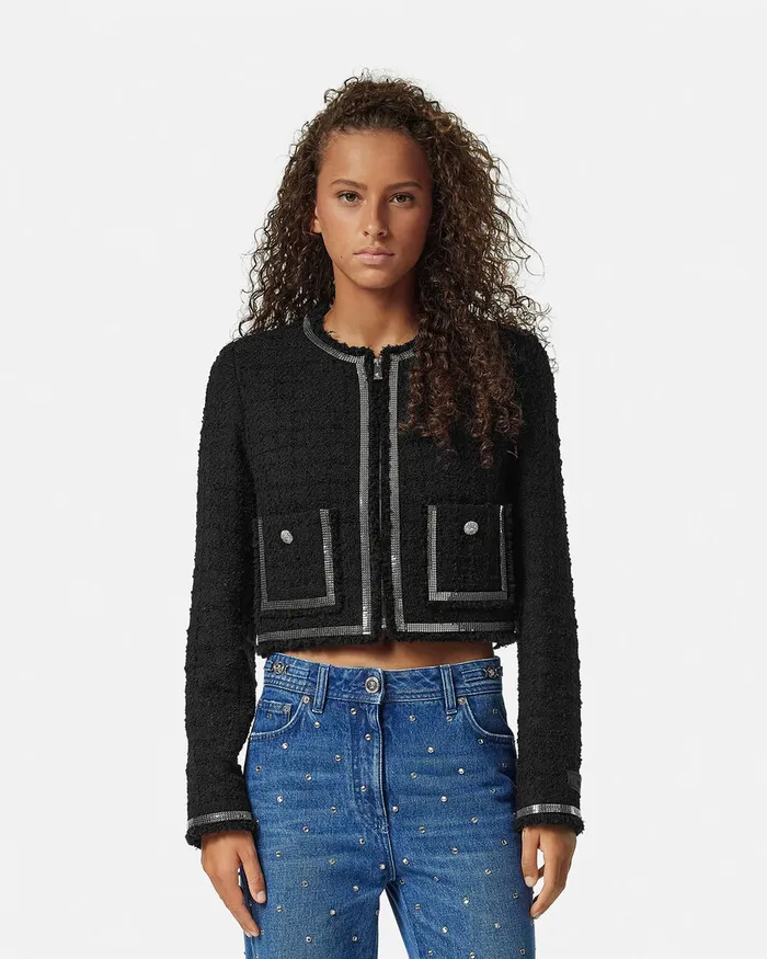 Versace Heritage Tweed Cardigan Jacket Black Women Blazer and Jackets