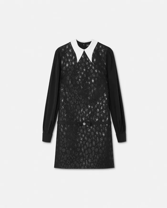 Versace Leopard ContrastCollar ALine Dress Black Women Dresses