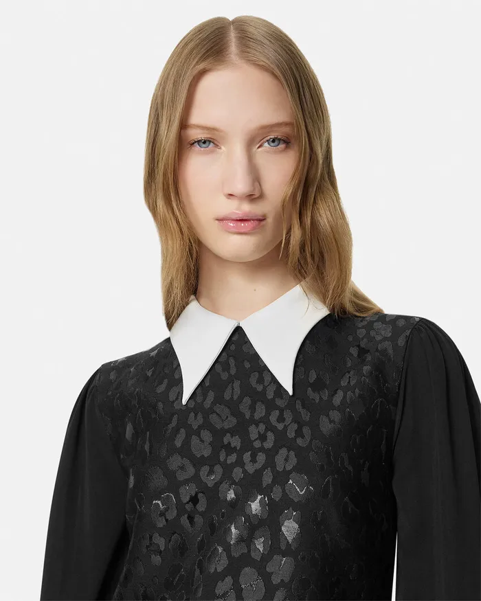Versace Leopard ContrastCollar ALine Dress Black Women Dresses