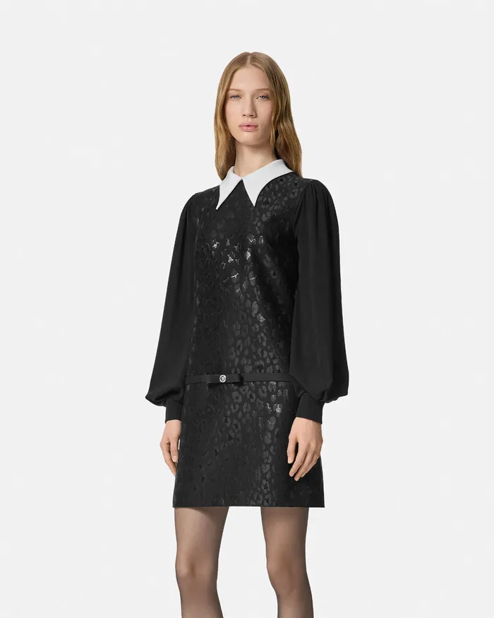 Versace Leopard ContrastCollar ALine Dress Black Women Dresses