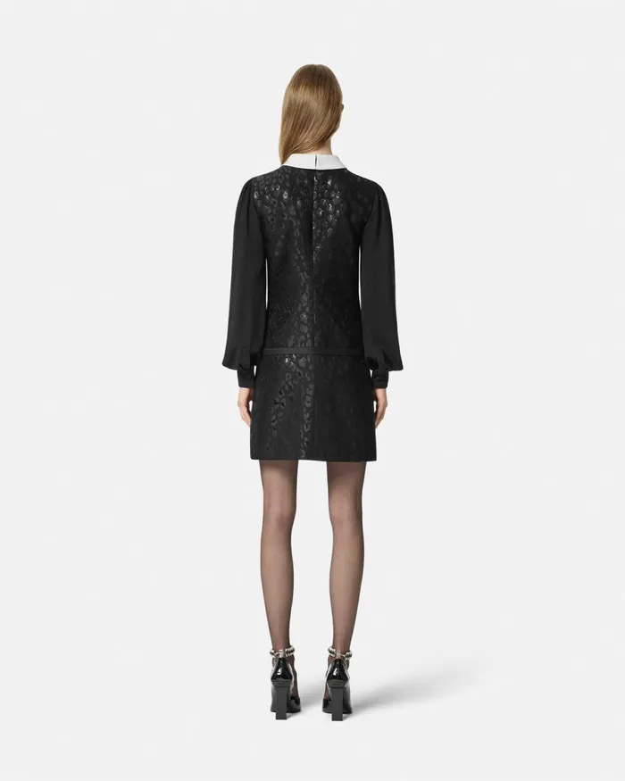 Versace Leopard ContrastCollar ALine Dress Black Women Dresses