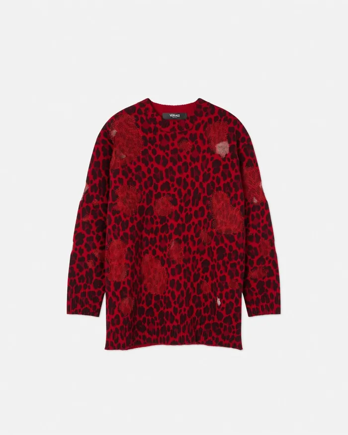 Versace Leopard Intarsia Oversized Sweater Red Women Knitwear