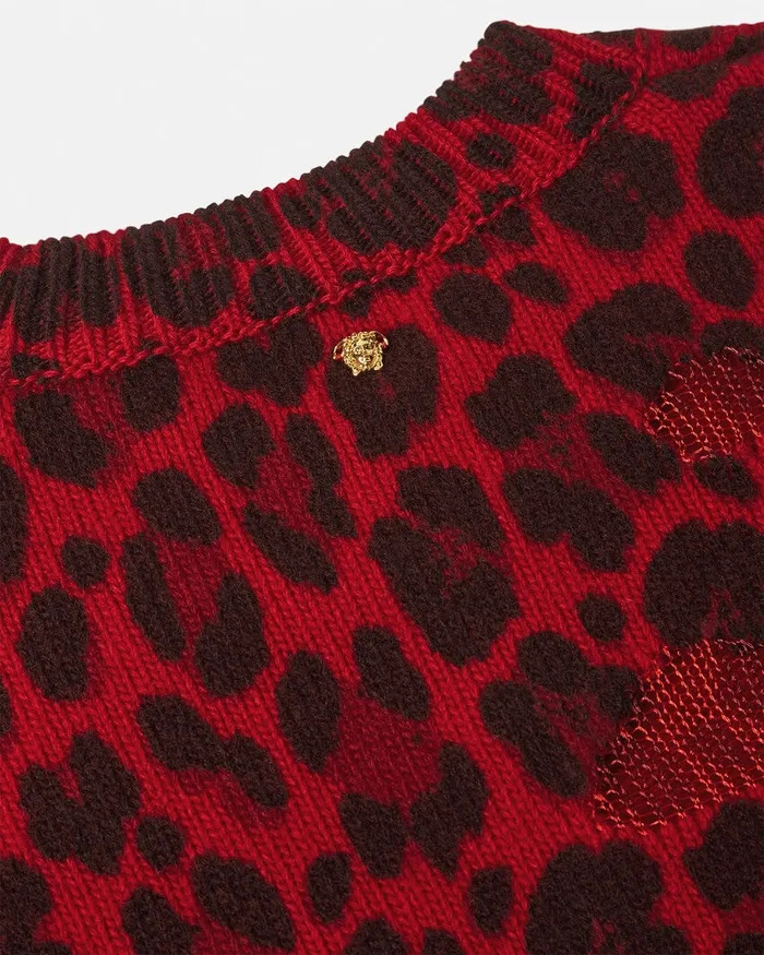 Versace Leopard Intarsia Oversized Sweater Red Women Knitwear