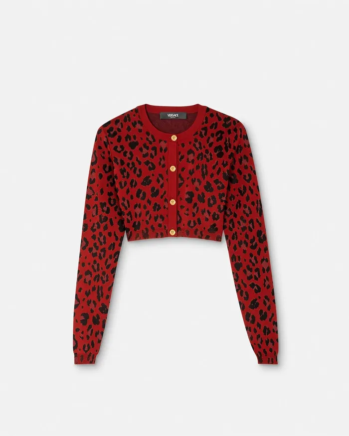 Versace Leopard Lurex Crop Knit Cardigan Red Women Knitwear