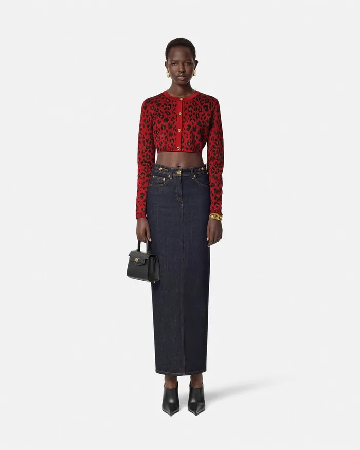 Versace Leopard Lurex Crop Knit Cardigan Red Women Knitwear