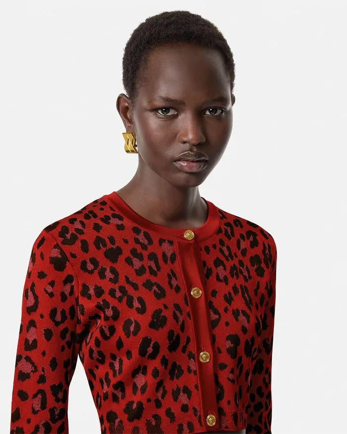 Versace Leopard Lurex Crop Knit Cardigan Red Women Knitwear