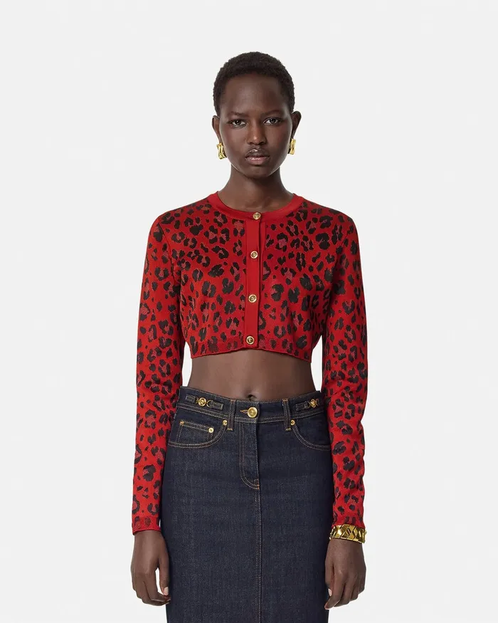 Versace Leopard Lurex Crop Knit Cardigan Red Women Knitwear