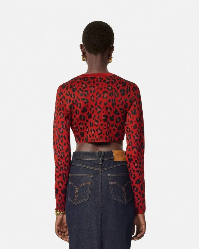 Versace Leopard Lurex Crop Knit Cardigan Red Women Knitwear