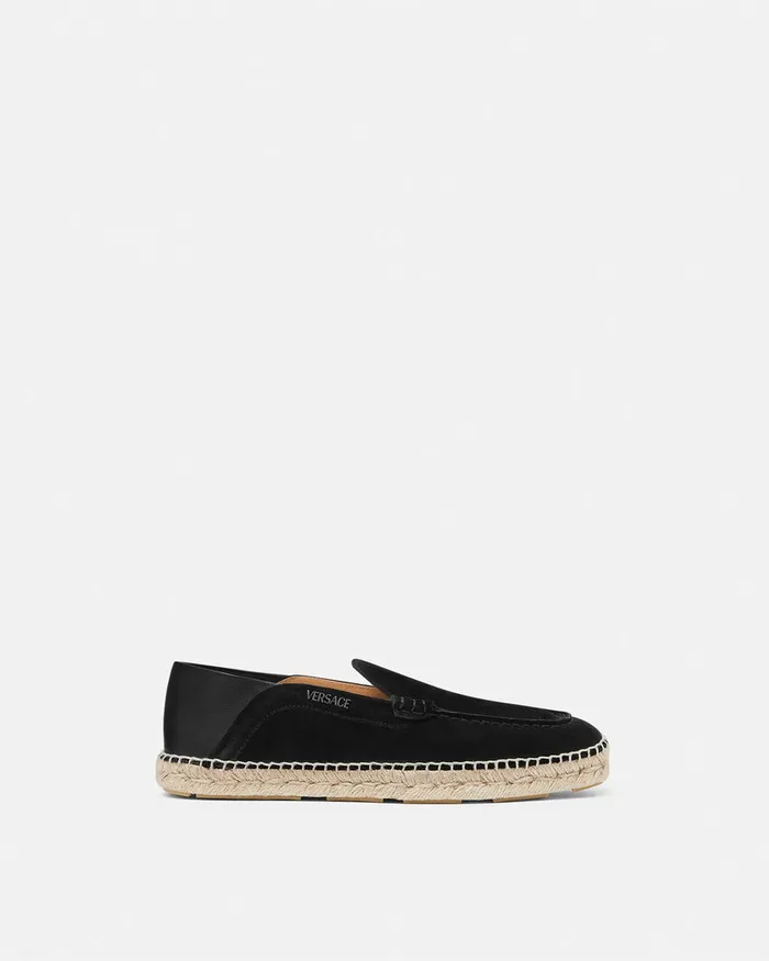Versace Logo Suede Espadrilles Black Men Loafers and Slippers