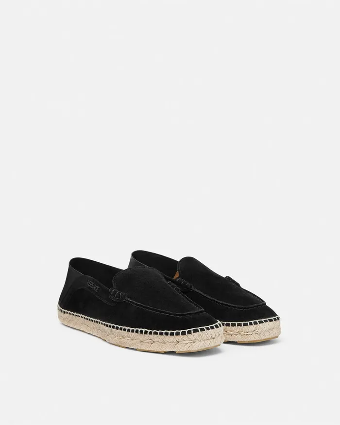Versace Logo Suede Espadrilles Black Men Loafers and Slippers