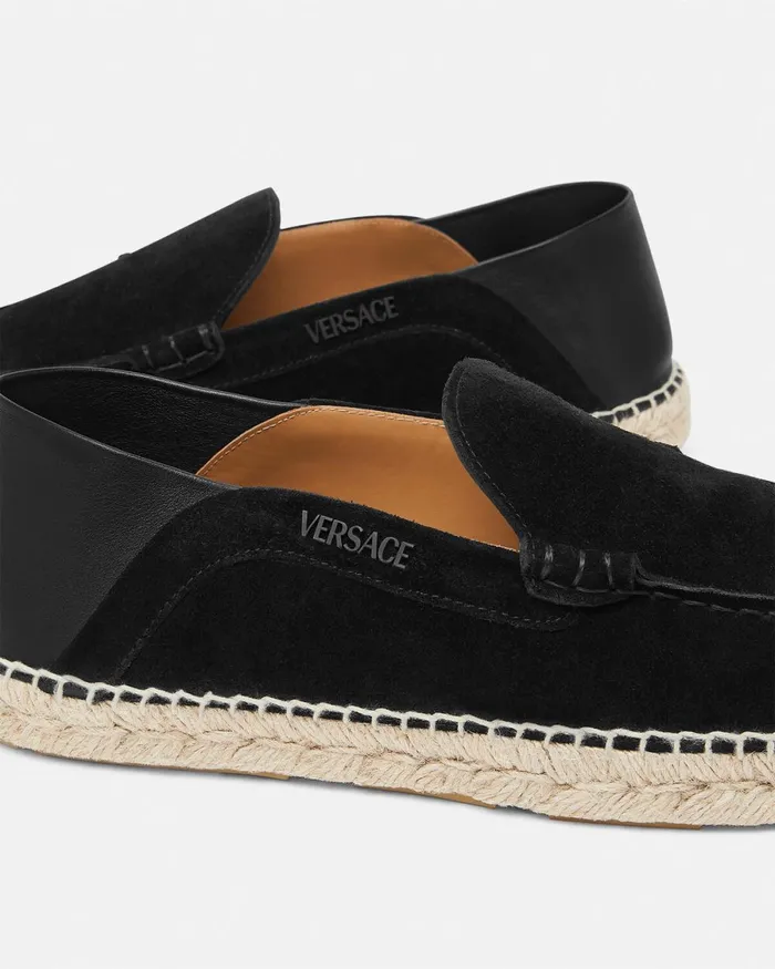 Versace Logo Suede Espadrilles Black Men Loafers and Slippers
