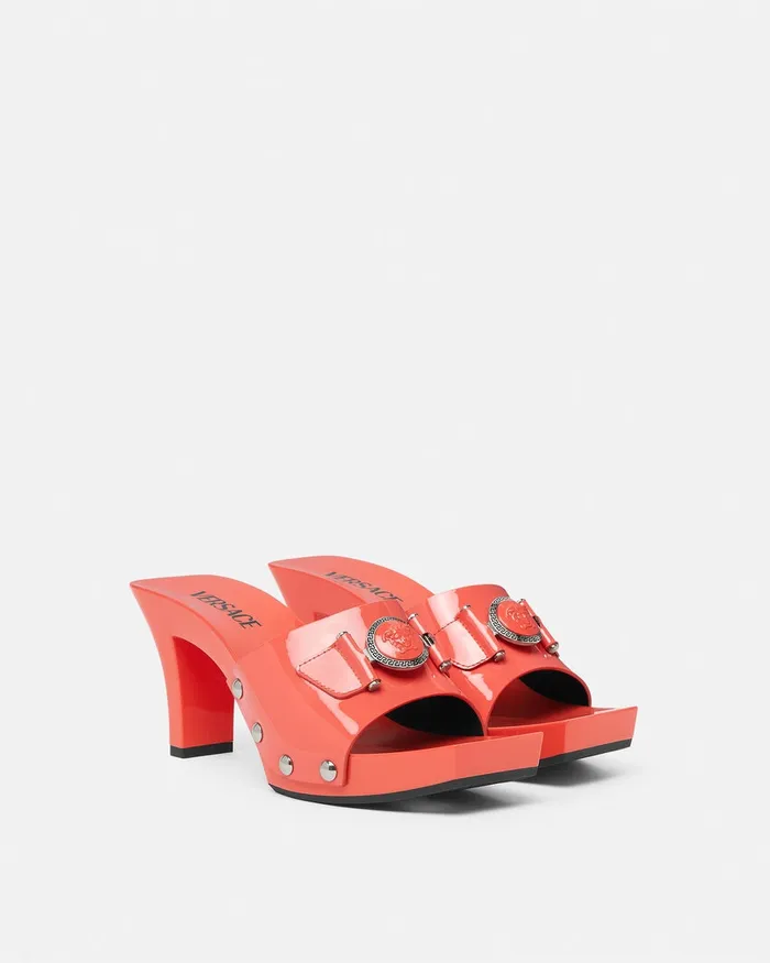 Versace Medusa Buckle Patent Clogs 60 Mm Beige Women Sandals