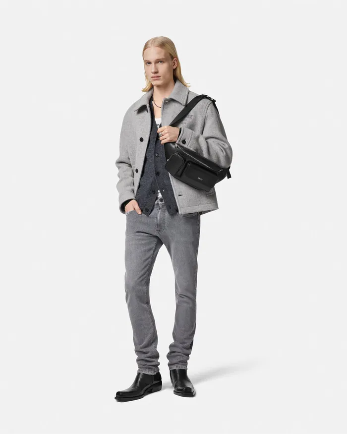 Versace Milano Stamp Cardigan Gray Men Knitwear