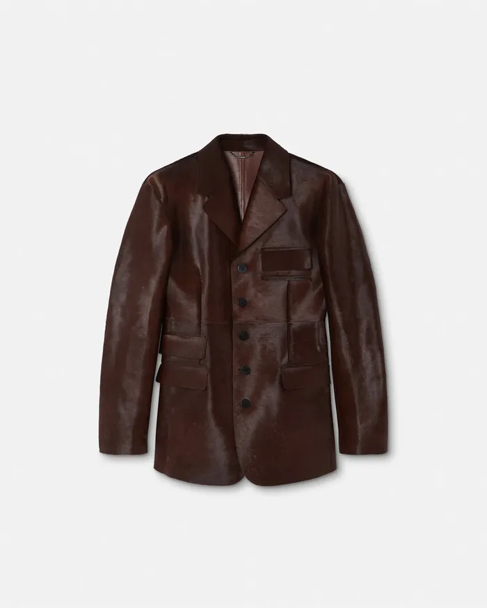 Versace PonyEffect Leather Jacket Brown Men Jackets and Coats