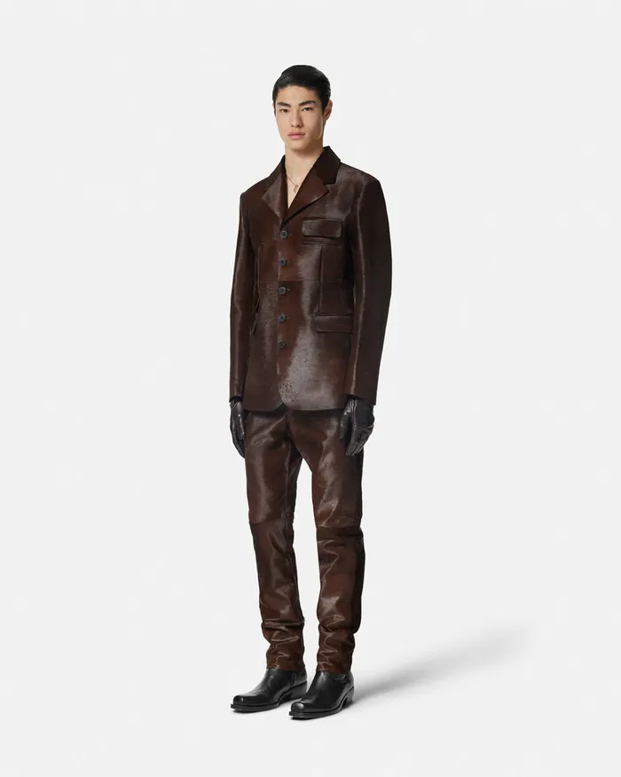 Versace PonyEffect Leather Jacket Brown Men Jackets and Coats