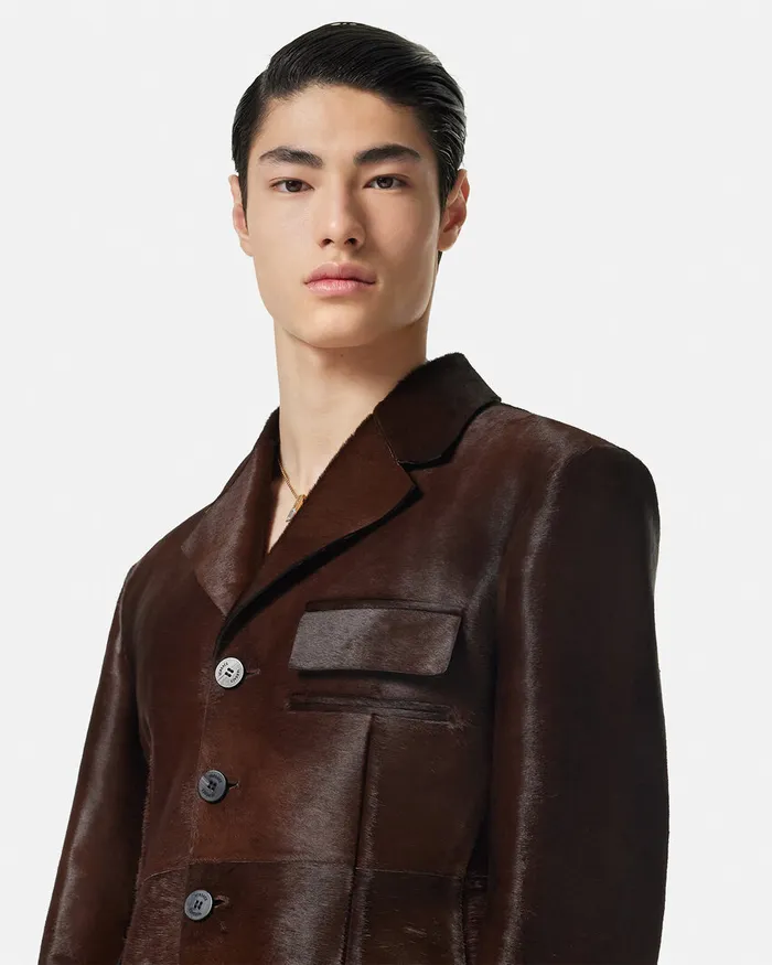 Versace PonyEffect Leather Jacket Brown Men Jackets and Coats