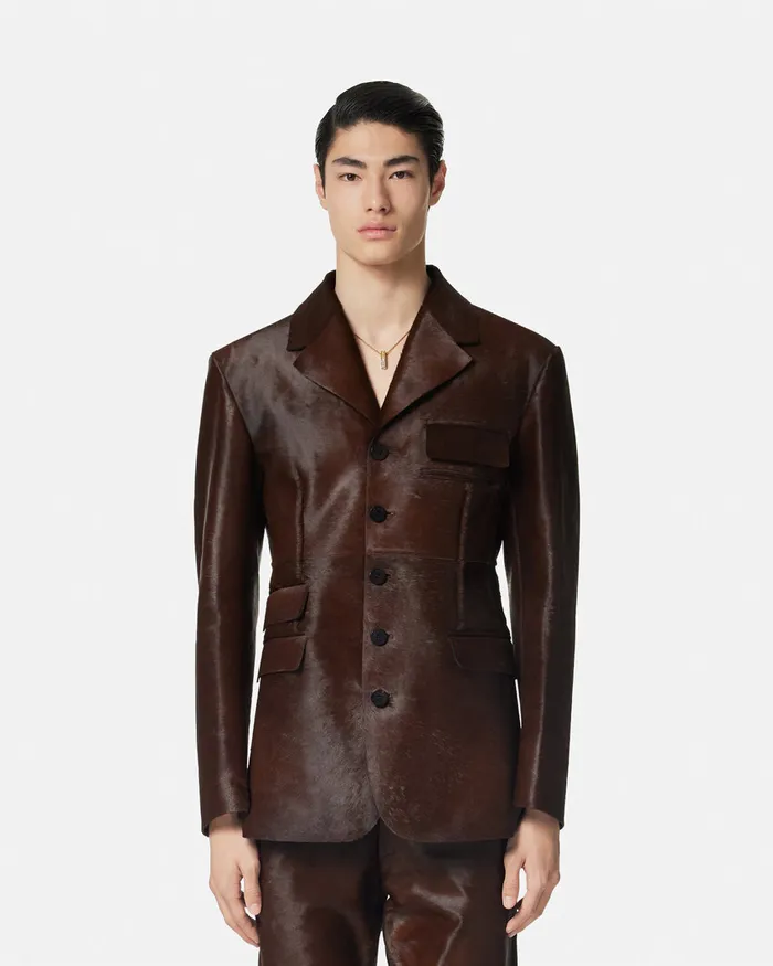 Versace PonyEffect Leather Jacket Brown Men Jackets and Coats