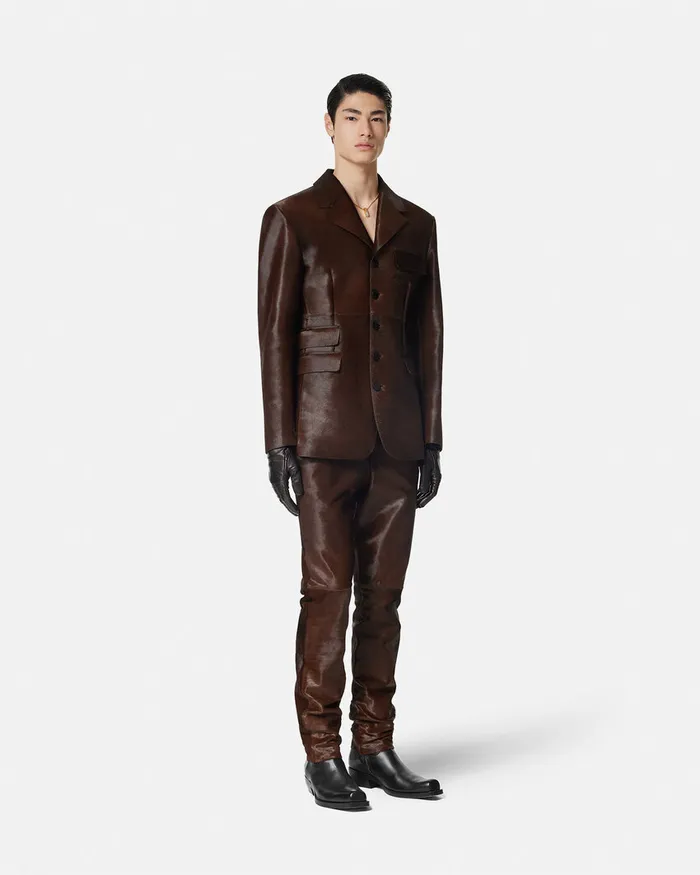Versace PonyEffect Leather Pants Brown Men Blazers and Suits