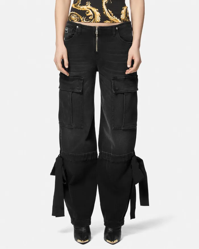Versace Ribbon Cargo Jeans Black Women Jeans Couture