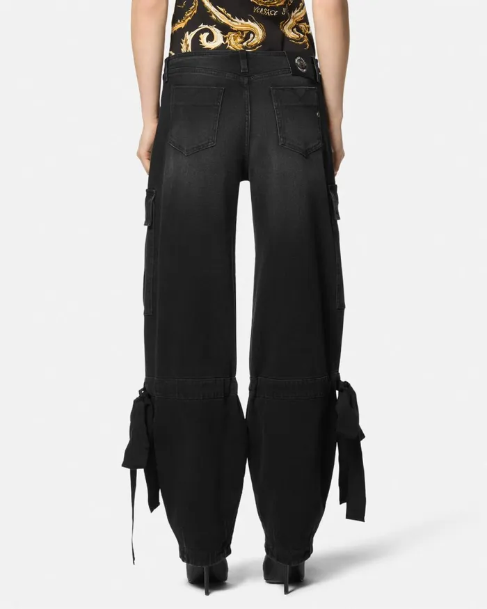 Versace Ribbon Cargo Jeans Black Women Jeans Couture