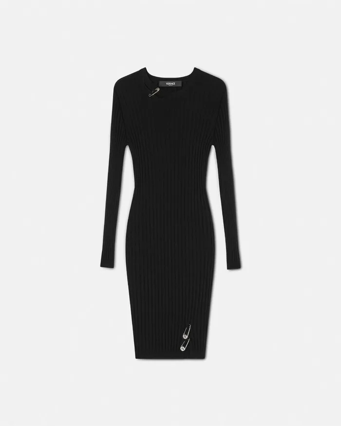 Versace Safety Pin RibbedKnit Mini Dress Black Women Dresses