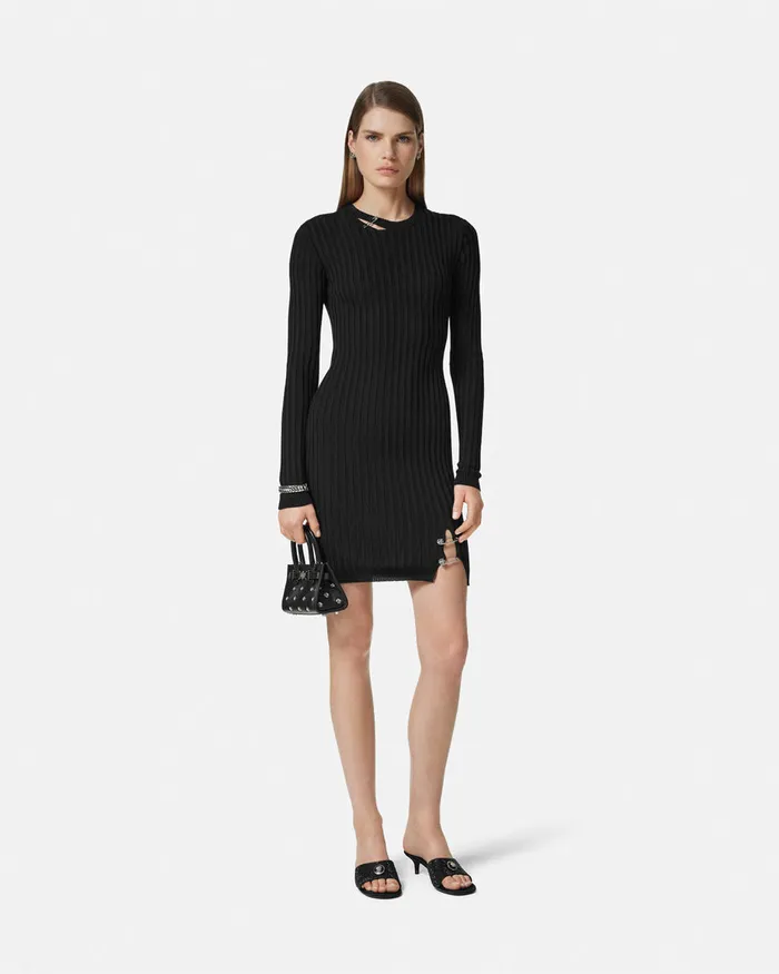 Versace Safety Pin RibbedKnit Mini Dress Black Women Dresses