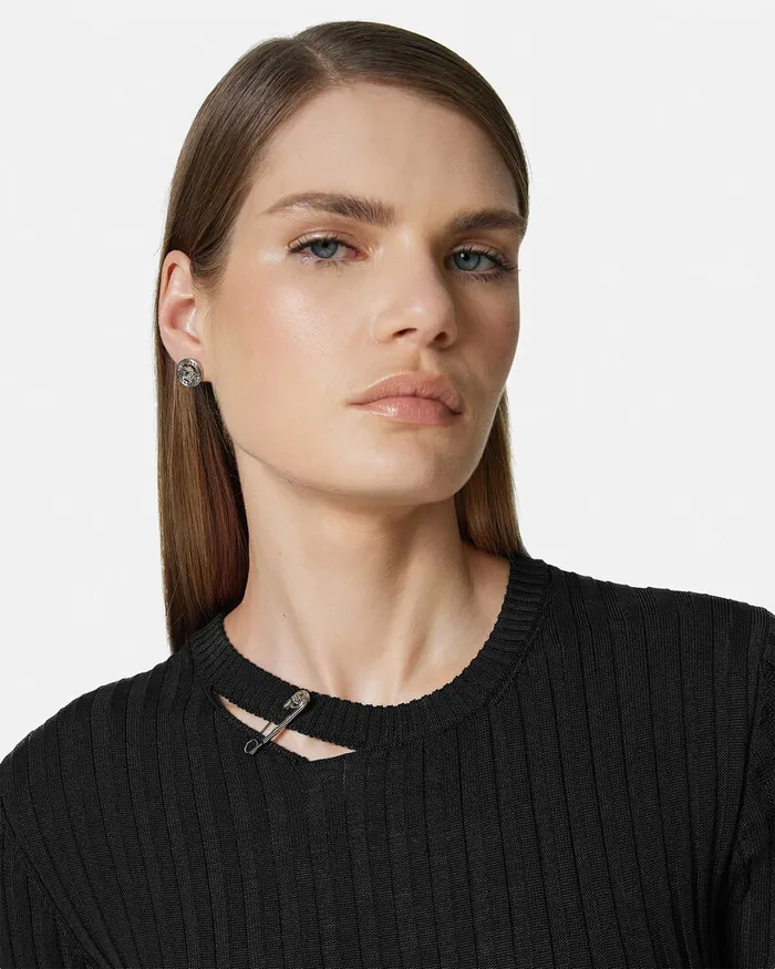 Versace Safety Pin RibbedKnit Mini Dress Black Women Dresses