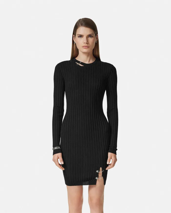Versace Safety Pin RibbedKnit Mini Dress Black Women Dresses
