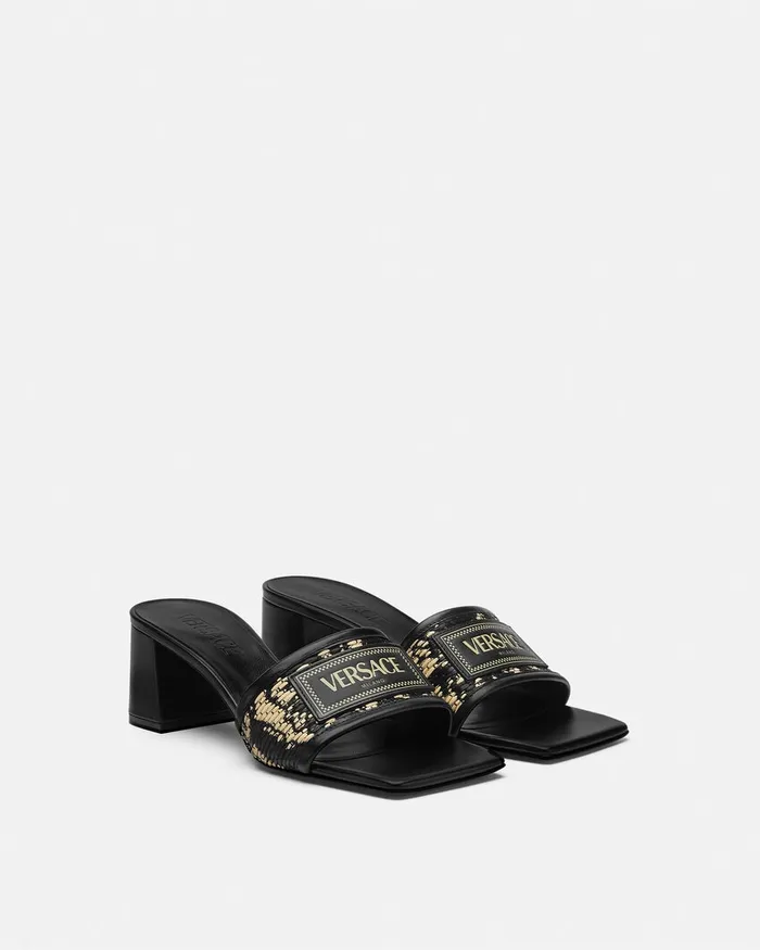 Versace Theia Barocco Raffia Mules 55 Mm Blackprint Women Sandals