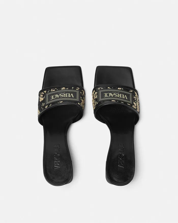 Versace Theia Barocco Raffia Mules 55 Mm Blackprint Women Sandals