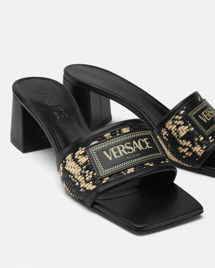 Versace Theia Barocco Raffia Mules 55 Mm Blackprint Women Sandals
