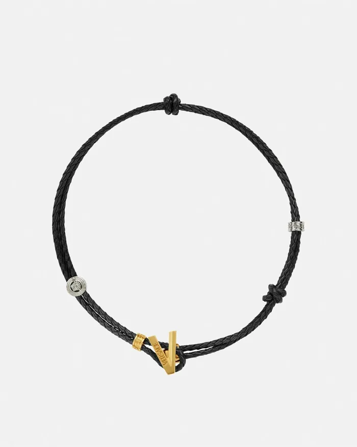 Versace V2025 Chain Leather Necklace Blackgold WomenMen Necklaces